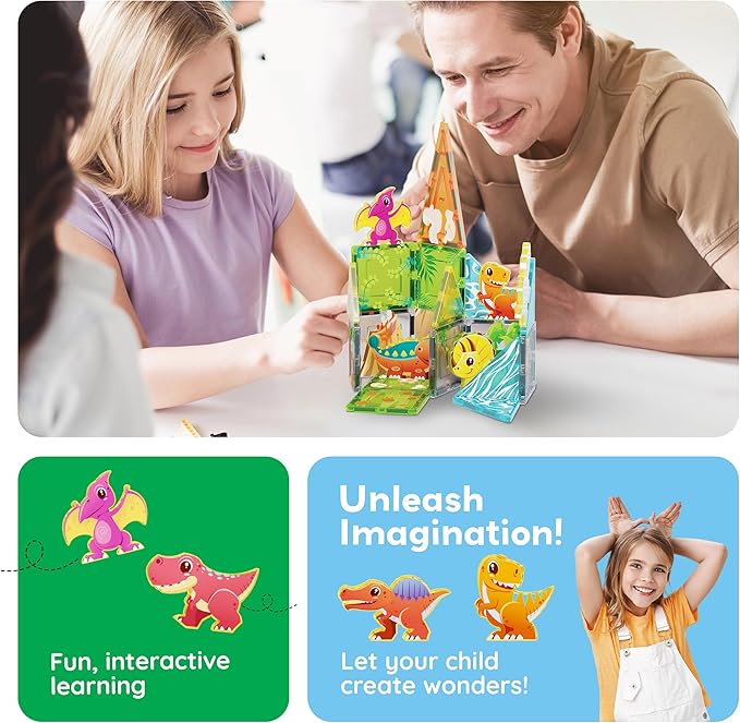PicassoTiles Magnet Tile Building Blocks Dinosaur World Themed Playset with 8 Animal Character Action Figures Magnetic Tiles STEM Learning Pretend Play Toy Construction Set Boys Girls Ages 3+ PTQ23