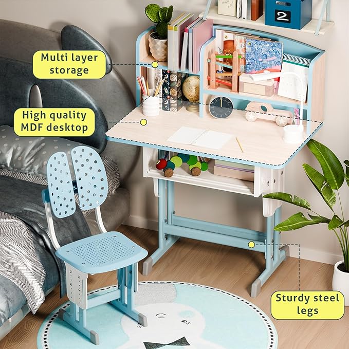 2025 NEW Kid's Study Desk and Chair Set, Ergonomic Height Adjustable Children Study Desk with Tilt Desktop, Book Stand, Light, Metal Hook and Storage Drawer,Gift for Boys Girls (Blue 70cm no lean)