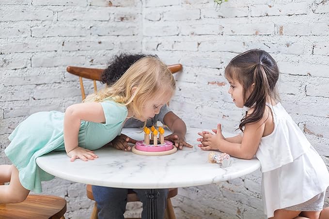 PlanToys® Pretend Play Birthday Cake Set | Food Toy with Removable Slices, Candles, Wooden Knife & Chalkboard Nameplate | Educational Toy for Imagination, Fine Motor Skills & Social Play