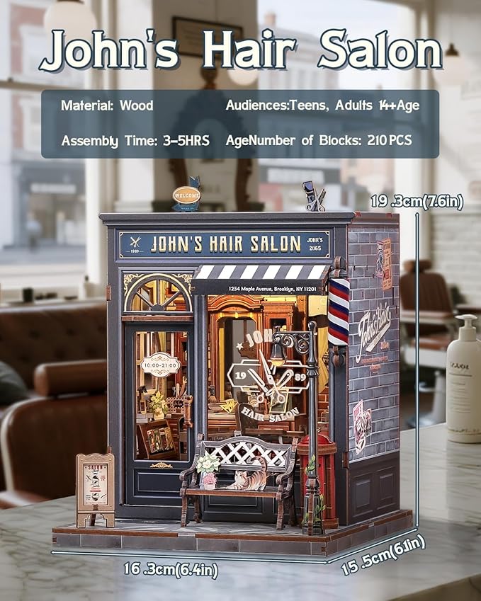 Book Nook Kit, DIY Miniature House Kits for Adult and Teens, Dollhouse Tiny Booknook Garden House Bookshelf, DIY Craft Gifts for Family and Friends (John's Hair Salon)
