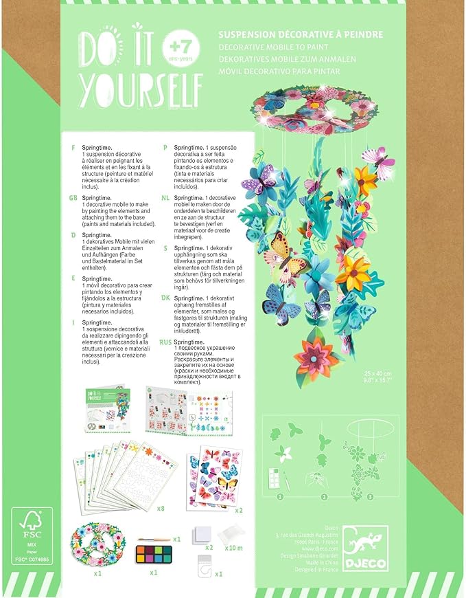 DJECO DIY Springtime Mobile Craft Kit - Create Your Own Hanging Flower & Butterfly Decoration for School or Gifts - Fun & Creative for Family & Friends, Boys & Girls, DIY Art Spring Kit for Kids 7+
