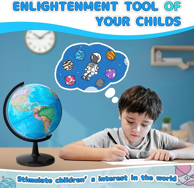 GOCHANGE 8" World Globe with Thickened Base - More Stable, 360° Spinning, Stimulate Children's Geographical Interest & Political Map, No assembly required