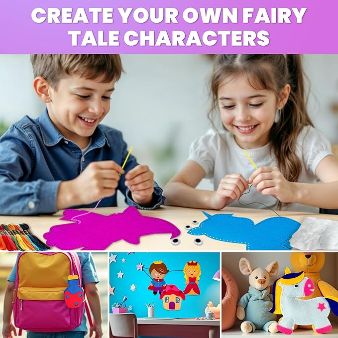 QUOKKA Kids Crafts Ages 7-8, DIY Beginner Needle and Thread Kit - 12 Fairy Tale Sewing Kit Basic - Fun Arts Crafts for Kids Ages 6-8 Girls Boys - Plastic Needles, Scissors - 7+ Year Old Girl Gifts