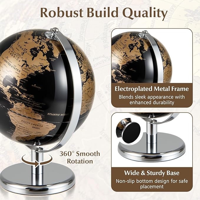 8" World Globe, Black Earth Globe with Gold Accents, Metal Stand, Non-slip Base & Time Zone, Decorative Tabletop Desk Globes for Classroom, Office & Home