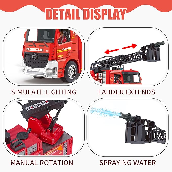 Remote Control Fire Truck Toy - Fireman Fire Truck with Jet Pump and Lights, Red Toy for 3 Year Old Boys, Girls and Toddlers