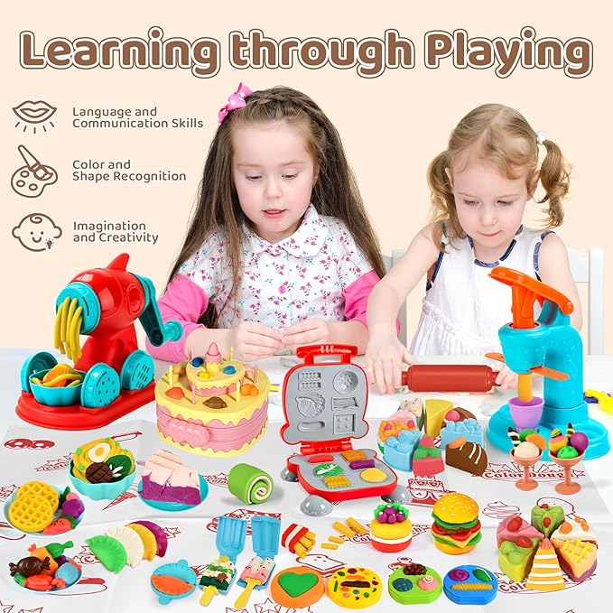 70 PCS 4 in 1 Dough Sets for Kids Ages 3-4-8, Art Crafts Dough Tools Kit, Ice Cream Playset Noodle Hamburger Cake Maker Machine, Kitchen Creations Food Play Toys Toddlers Boy Girl