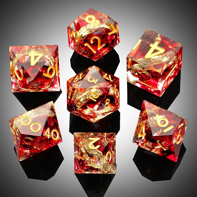 Ring DND Dice Set Sharp Edge DNDND 7-Piece Swirl Resin Blood Red Dice with Magic Lord Ring Inside for Dungeons & Dragons -Dragon Box Gifts