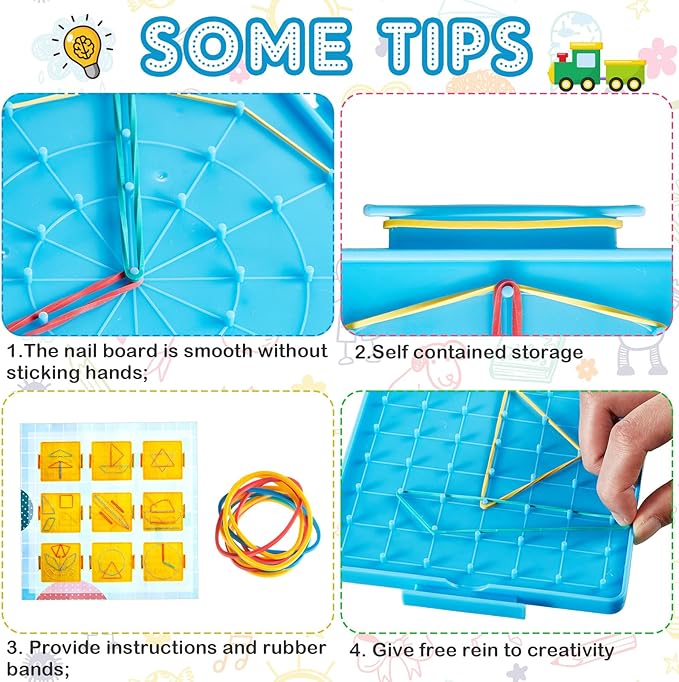 Deekin 50 Pcs Double Sided Geoboard Mathematical Kids Geoboards with Rubber Bands Math Manipulatives Toy for Geometry, 6.9 x 6.3 Inches Classroom Back to School