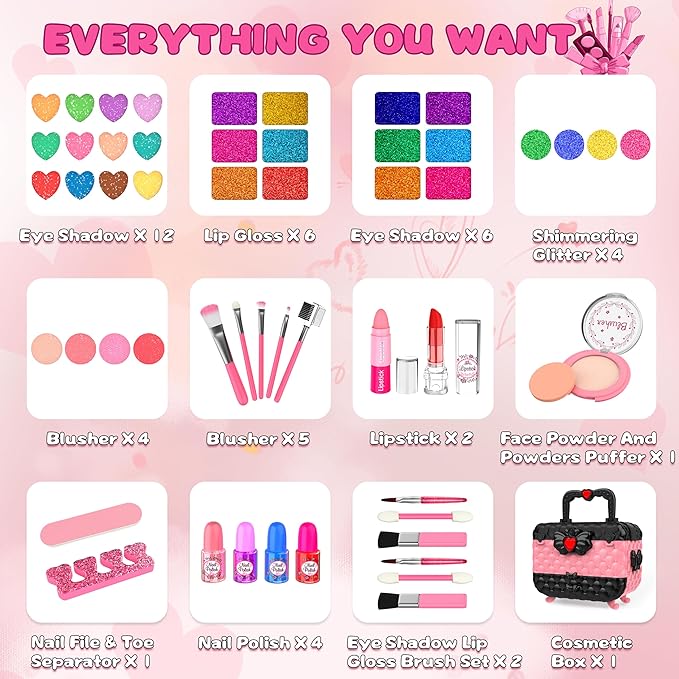 54 Pcs Kids Makeup Kit for Girls, Princess Real Washable Pretend Play Cosmetic Set Toys with Mirror, Birthday Gifts for 3 4 5 6 7 8 9 10 Years Old Girls Kids (Pink)