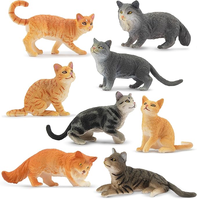 Toymany 8PCS Grey & Orange Cat Figurines Set, Realistic Cat Figures Kitten Toys, Cat Cake Toppers Halloween Christmas Birthday Gift for Kids Children