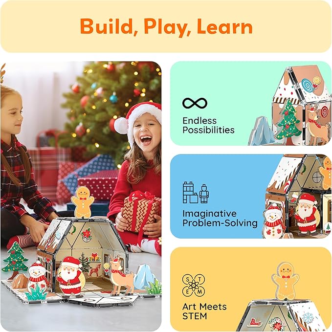 PicassoTiles Magnetic Tiles Gingerbread House Holiday Character Action Figures Santa, Snowman, Deer Winter Theme Construction Kit Magnet Building Blocks STEM Learning Gifts Toddler Toys Ages 3+ PTQ09