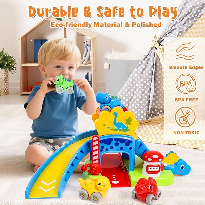 YGJT Toddler Toys for 1-3 Year Old Boys and Girls, Dinosaur Slide with 4 Dino Cars Montessori Toys Set for Baby 12-18 Months, Educational First Birthday Gifts Learning Push Track for Children Ages 1-3