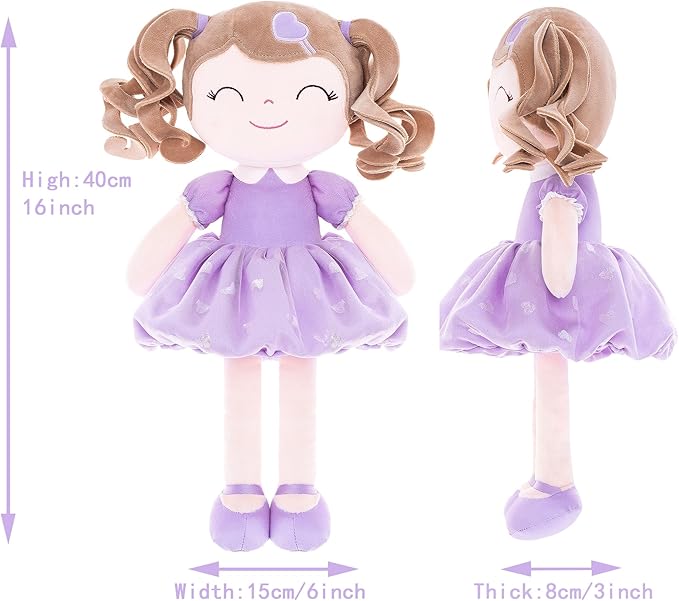 Gloveleya Baby Doll Gifts Plush Curly Girl Toys with Love 16" Purple Light Skin