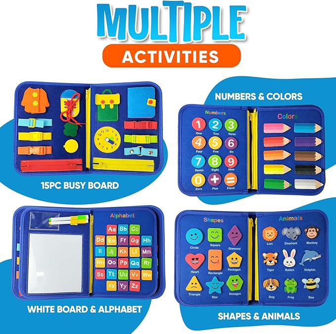 Busy Board Montessori Toy for Toddlers Ages 1-4 – Sensory Activity Board for Fine Motor Skill Development, Educational Travel Toy for Airplane & Car, Learning Toys for Boys & Girls