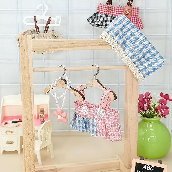 17cm Doll Clothes Set, Compatible with Labubu, Floral Dress with Lace Trim, Headband & Bear Charm Accessory (NO Doll) (Pink Gingham)