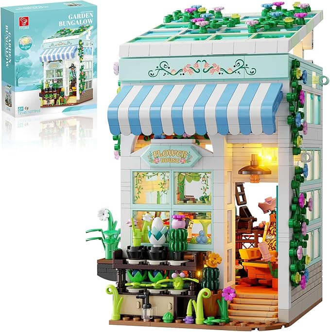 Flower House Building Set with LED Light, 1077 PCS Greenhouse Model Building Toy with Flowers Potted Plants, Garden House Book Nook Home Decor Birthday Gift for Adults Teens Girls Age 8-12