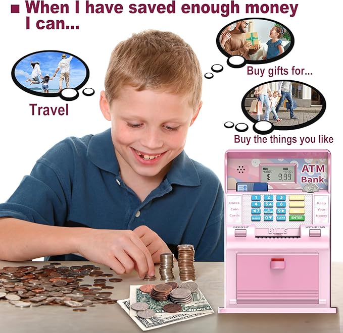 ATM Piggy Bank for Kids，ATM Bank Cash Coin Saving for Real Money with Debit Card，Coin Recognition, Balance Calculator, Electronic Savings Safe Box，Gift for Ages 6-13 Piggy Bank (Pink)
