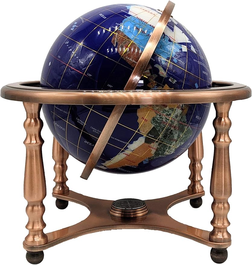 Limited Edition! Unique Art Since 1996 Blue Lapis Table Top Gemstone World Globe with 4 Leg Copper Plated Zinc Alloy Stand (220MM/BLUE OCEAN/4LEG COPPER)