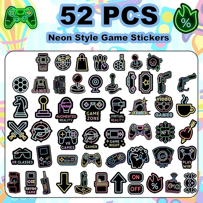 52 Pcs Glow in The Dark Neon Game Stickers for Kids, Water Bottle Stickers for Kids Vinyl Waterproof Gaming Laptop Decals for Teens Girls Boys