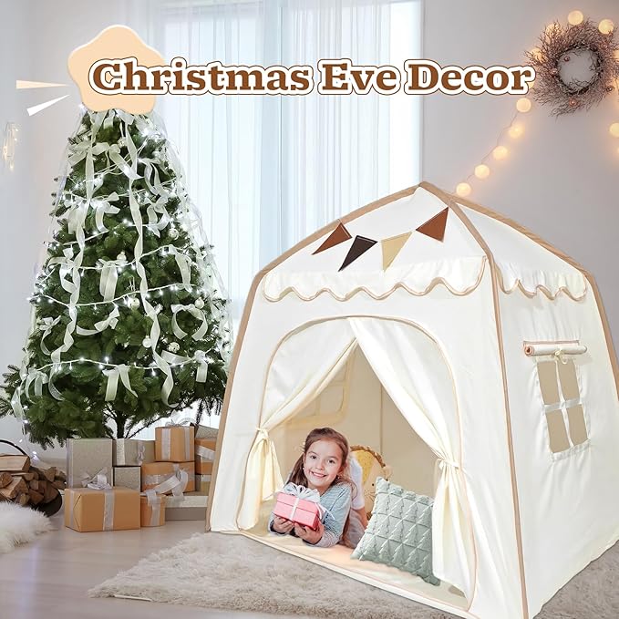 Toddler Bed Tent, Kids Play Tent with Flags, Star String, Portable Bed Canopy for Boys & Girls, Children, Indoor Outdoor Dome Playhouse, Cream, 51" x 39" x 51"