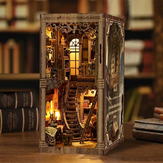 ISSEVE Book Nook Kit, DIY 3D Wooden Puzzle Dollhouse Booknook for Adults, Tiny Miniature House Kit Bookshelf Decor with LED Light and Dust Cover, Gifts for Family and Friends (Book Collection Room)