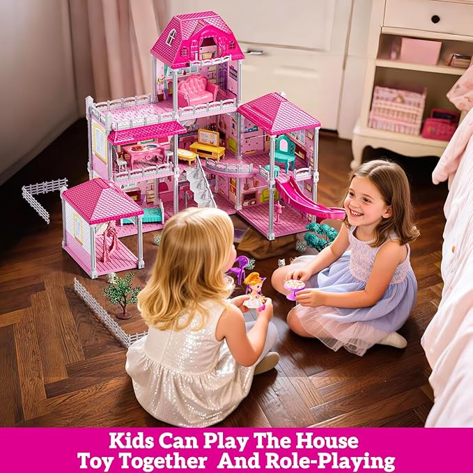 Villa Playset for Girls Ages 3-7, 3-Story 8 Room House with 2 Dolls, Furniture and Accessories, Indoor Playset Girls Toys for Ages 6-8, Pretend Toddler Toy, Birthday Gifts for Kids 4-8