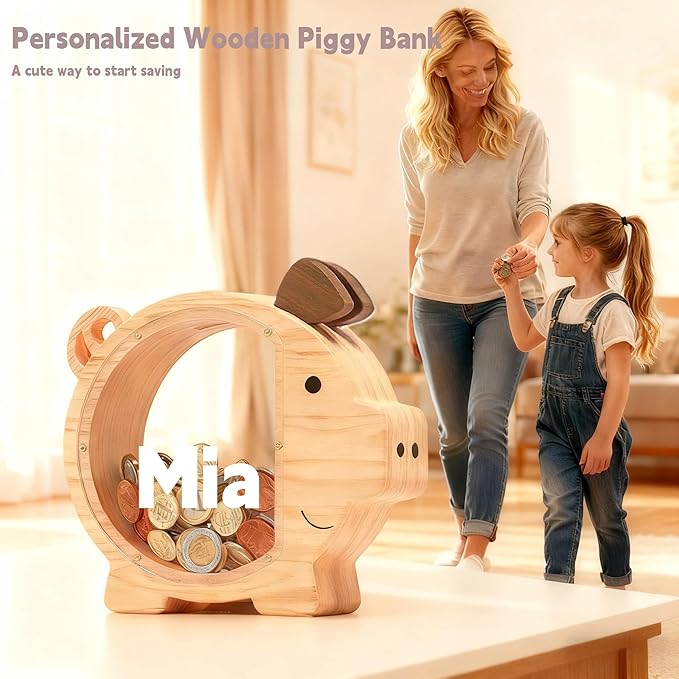 Personalized Wooden Piggy Bank for Kids Large, Custom Name Money Bank for Boys Girls, Cute Unbreakable Wood Savings Jar Money Box, Birthday for Child, Room Décor