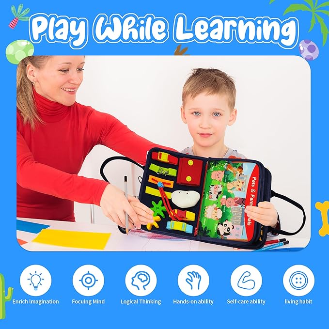 TenFans Busy Board - Montessori Toys for 3+ Year Old - Sensory Toys for Toddlers 3-5 - Gifts for Boys Learning Fine Motor Skills - Educational Activities Travel Toys for Car Airplane