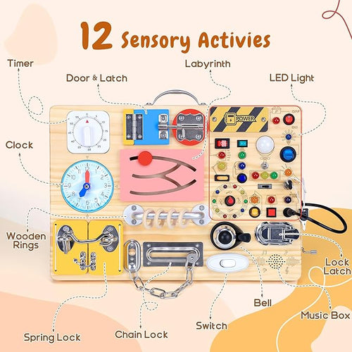 25 in 1 Busy Board with 13 LED Light Switches and 12 Activity, Montessori Toys for 1 2 3 Years Old, Wooden Sensory Board, Toddlers Travel Toys for 1+ Year Old Boy & Girl Birthday Gift（Extra-Large）