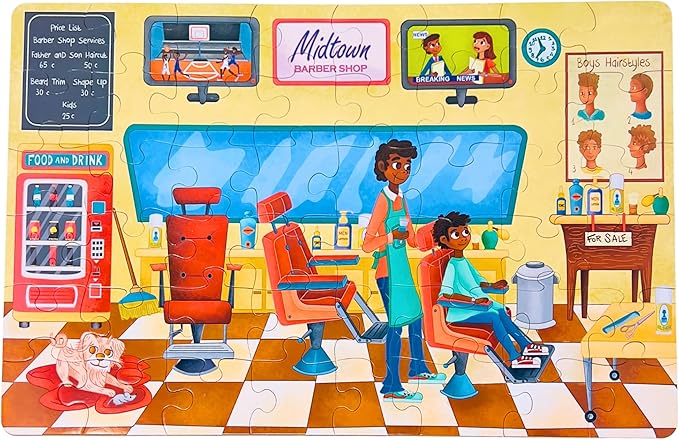Upbounders® 48 Piece Jumbo Floor Puzzle for Kids | Barbershop Beginner Puzzle | Pretend Play & Learning Toy for Boys Girls Ages 4 5 6 | Black Brown Boy at The Barber (Multicultural)