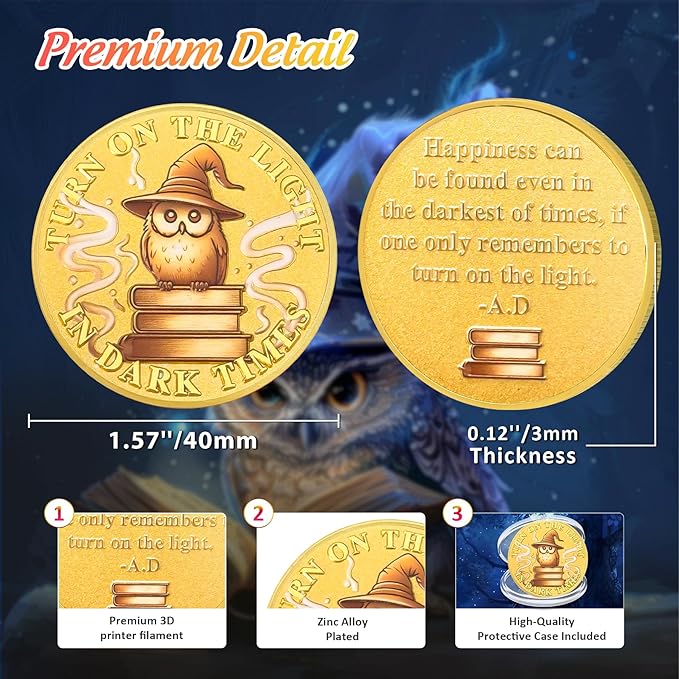 Gold Owl Inspiration Coin - Turn On The Light in Dark Times Challenge Coin - Faith and Strength Incentive Awards Medallion Pocket Token - Lucky Collectible Office Commemorative Gifts