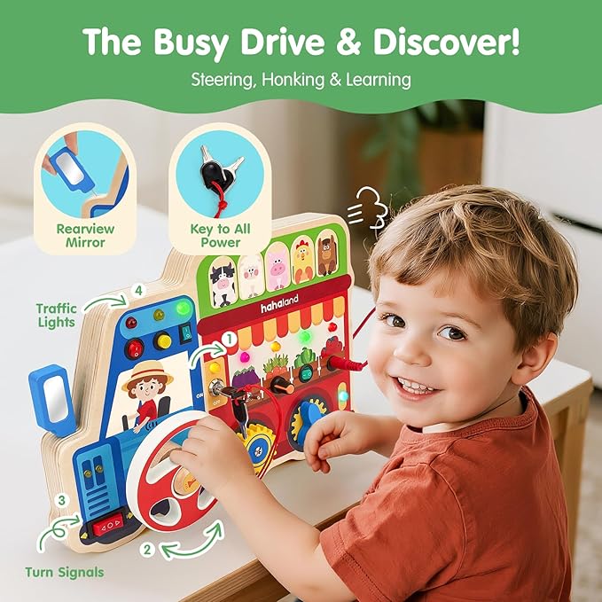 hahaland Montessori Busy Board for Toddlers 3-5, 18-in-1 Wooden Sensory Activity Board with LED Lights & Switches, Educational Montessori Toy for Fine Motor Skills, Travel & Birthday