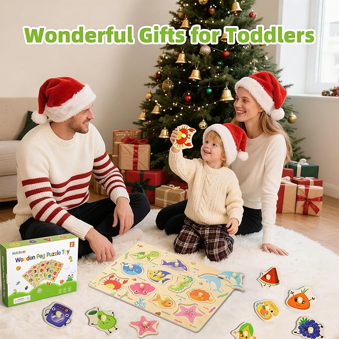 Wooden Peg Puzzles for Toddlers, 4 PCS Toddler Puzzles Set-Fruits, Sea Animals, Home Appliances, Vegetables, Baby Puzzle Montessori Toys for 3 4 5 Years Boys Girls, Kids Preschool Learninng Toys Gift