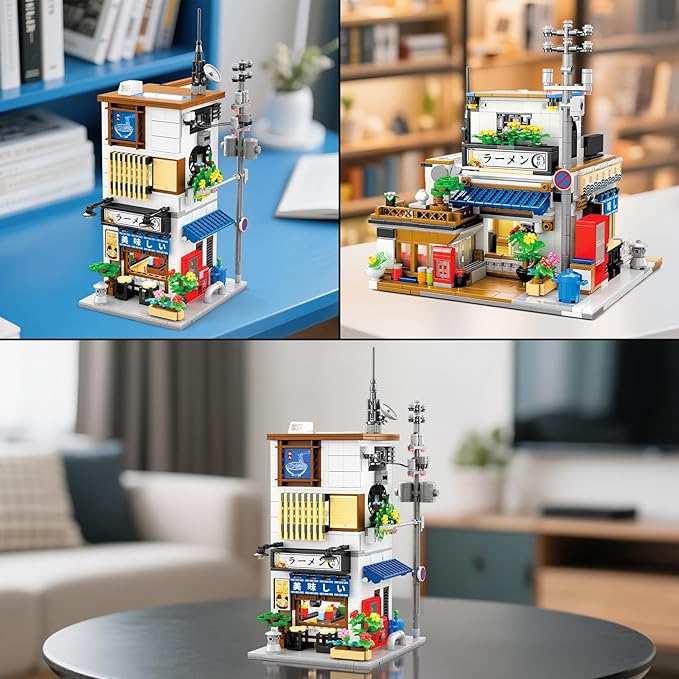 Reobrix Japanese Ramen Shop Building Blocks 66501, 2 in 1 Creative Street View House Building Kit with Light, Japanese Architecture Home Office Decor, Ideal Gifts for Boys Girls Adults 14+