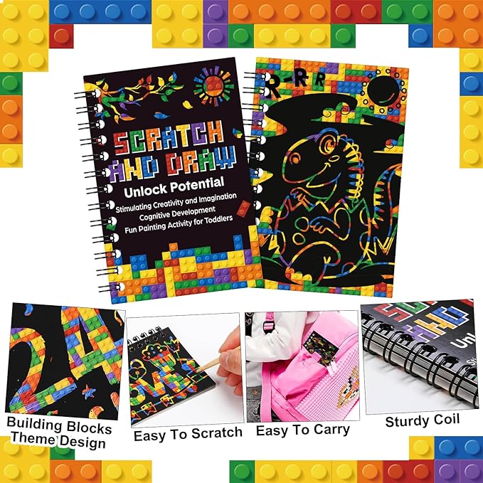 Pasimy 24 Set Scratch Art Party Favor Gifts for Kid Building Block Scratch Notebook Bulk Paper Craft for Girl Boy Classroom Prizes Goodie Bag Stuffer Christmas Birthday Party Favor