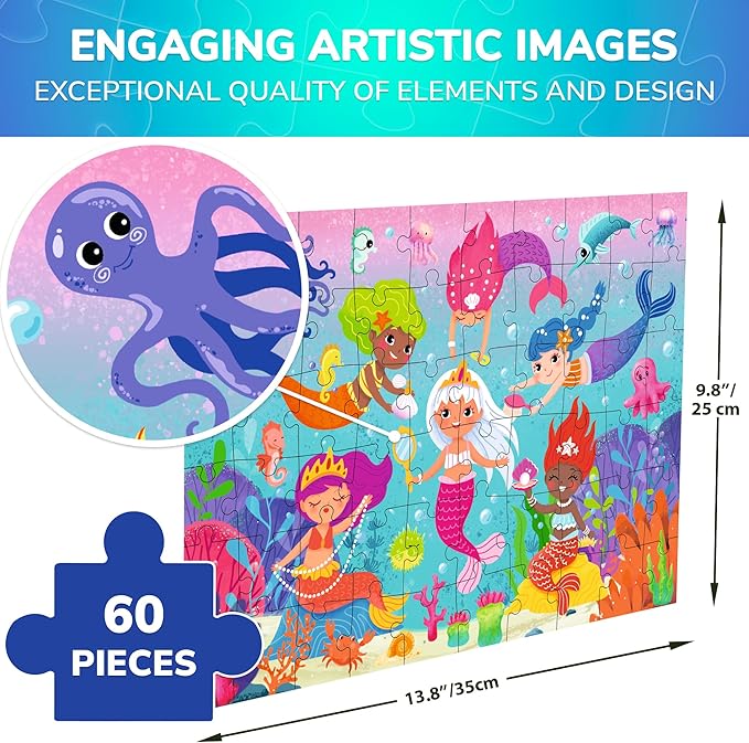 QUOKKA Puzzles for Kids Ages 4-6 – 60 Piece Jigsaw Puzzles for Toddlers Ages 3-5 with Mermaid – Quiet Time Toys for Preschoolers 2-4 – FSC Certified Educational Learning Game for Boys and Girls