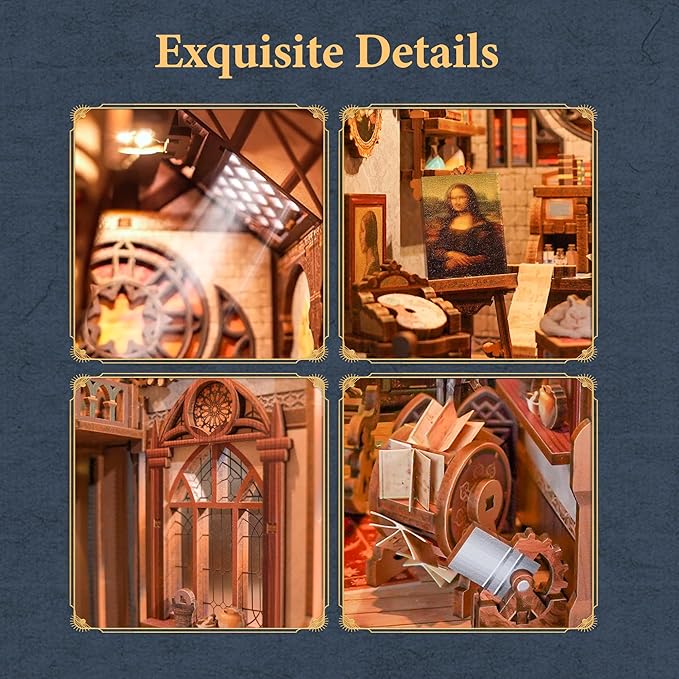 Tonecheer DIY Book Nook Kit for Adults, 3D Puzzle Wooden Miniature House Kit, Booknook Dollhouse Bookshelf Insert Decor Bookend with Dust Cover and LED Lights Gifts (Leonardo da Vinci)