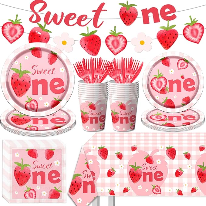 Strawberry First Birthday Party Tableware Set, 142Pcs Sweet One Strawberry Birthday Party Decorations, Include Plates, Cups, Napkins, Banner, Tablecloth for Berry First Birthday Party Supplies