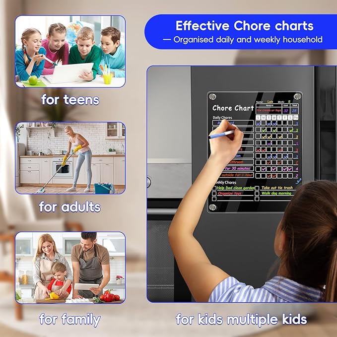 Acrylic Magnetic Chore Chart for Kids & Adult，12" x 9.5" Behavior Responsibility Reward Chart，at Home Clear Dry Erase Refrigerator Board for Multiple Kids & Teens(w/ 8 Markers & Towel)