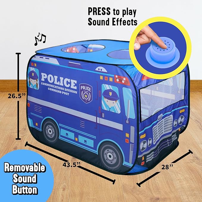 Playbees Police Car Pop Up Play Tent with Sound Button Super Hero Playhouse for Interactive Fun Play Toys & Gifts for Kids Toddlers Boys Girls Pop Up Car Tent Foldable Quick Setup - Indoor & Outdoor