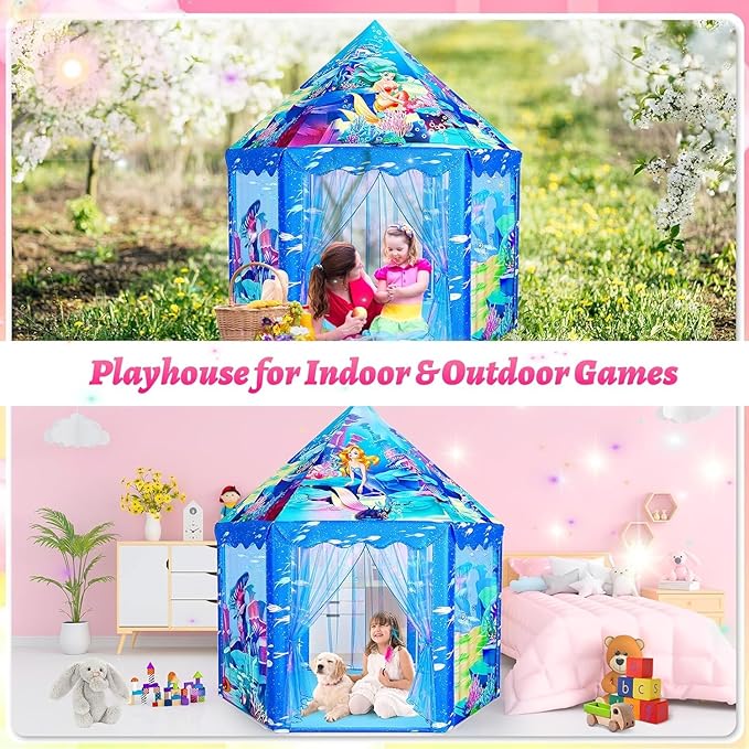 Princess Mermaid Kids Play Tent - Large Playhouse for 3-12 Year Old Girls, Indoor Outdoor Castle Toy for Toddlers, 55'' x 53'' (DxH)