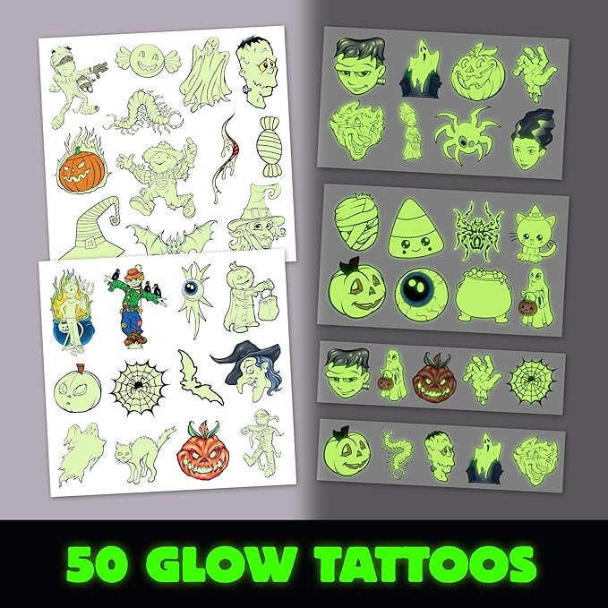 Glow in the Dark Ghost Temporary Tattoos – 50 Pack Halloween Tattoos for Kids, Spooky Party Favors, Non-Toxic & Easy to Apply, Fun Trick-or-Treat Handouts