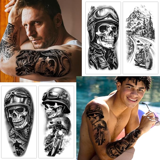 Motorcycle Temporary Tattoos for Adults and Kids, 77 Waterproof Fake Tattoos, 17 Half Arm Sheets and 60 Small Sheets Motocross Racing Rider Dirt Bike Skull Design