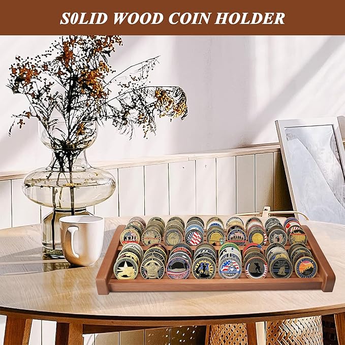Challenge Coin Display Holder, 8 Rows Solid Wood Military Coin Stand Holds 60-70 Coins, Army Coin Display Rack for Desk (Walnut Finish)