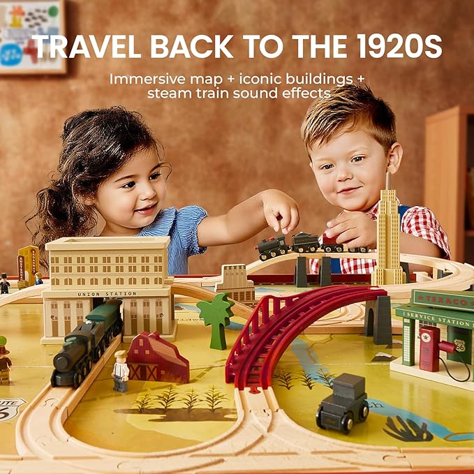 Tiny Land Large Wooden Train Table (47.9”x35.2”), 100PCS Train Set, 3 Storage Bins, Activity Playset for Kids Ages 3+