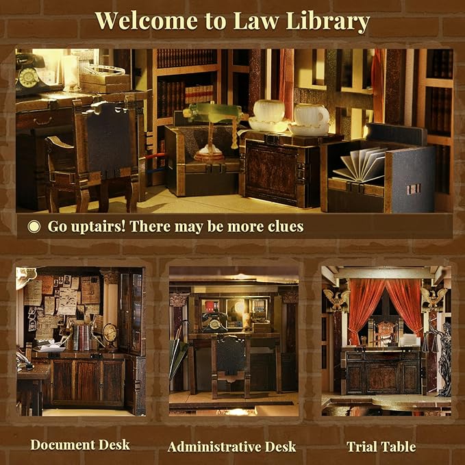 Book Nook Kit, DIY Dollhouse Booknook, Book Nook Miniature Kit for Bookshelf Insert Decor Crafts for Adults Teen Halloween, 3D Wooden Puzzle with Led Light (Law Library)