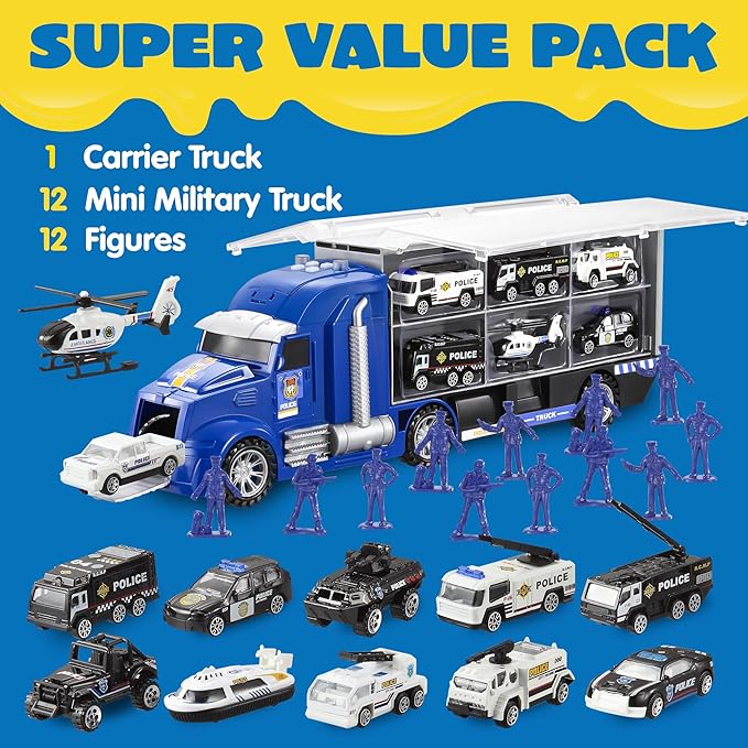 JOYIN 25 in 1 Police Rescue Truck Car Toy Set with Sounds and Lights, Mini Vehicles in Carrier Truck, Play Police Patrol Rescue Vehicle Toy, Christmas Birthday Gifts for Over 3 Years Old Boys