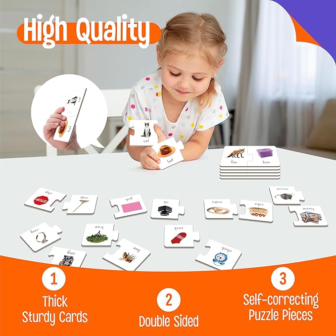 Rhyming Puzzles, 26 Groups Rhyming Word Cards Phonics Matching Game Self-Correcting Puzzle Early Childhood Learning Card for Kindergarten Preschool