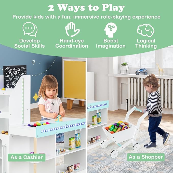 HONEY JOY Kids Grocery Store Playset, Wooden Supermarket Playset w/Cash Register & Working Conveyor, Checkout Counter Stand w/Lights, Food, Grocery Store Pretend Play for Toddler Boys Girls(White)
