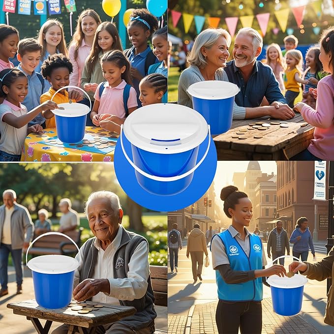 Plastic coin collection Bucket with removable lid and handle charity donation collection money box pail for fundraising with top slot for tickets raffles and money 7.5"Hx8.3"Diameter(multicolor)4 pack